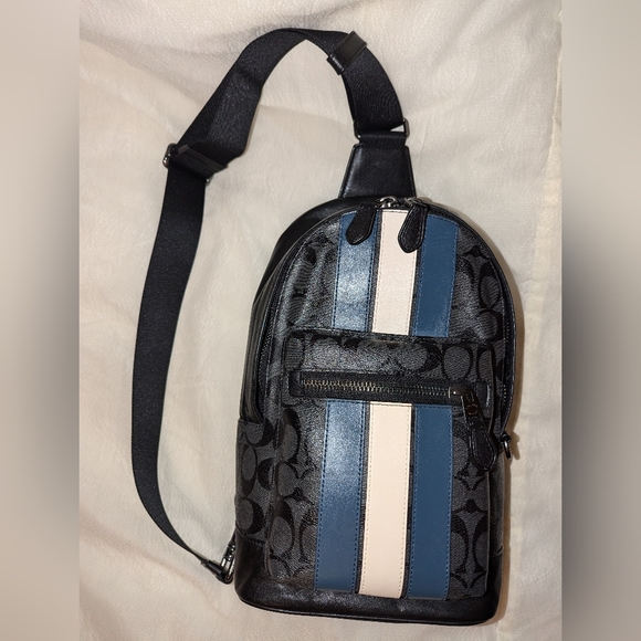 Coach West Pack In Signature Coated Canvas With Varsity Stripe Charcoal EUC - Picture 1 of 15
